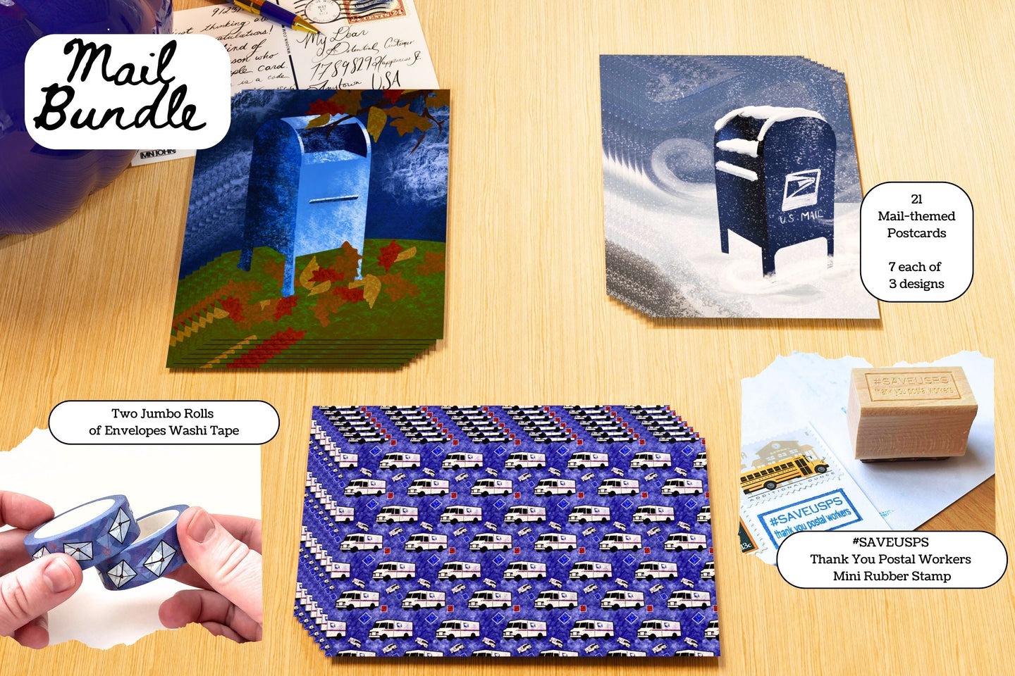 Mail Bundle - 21 Mail-Themed Postcards, Two Rolls of Washi Tape and a SAVEUSPS Rubber Stamp