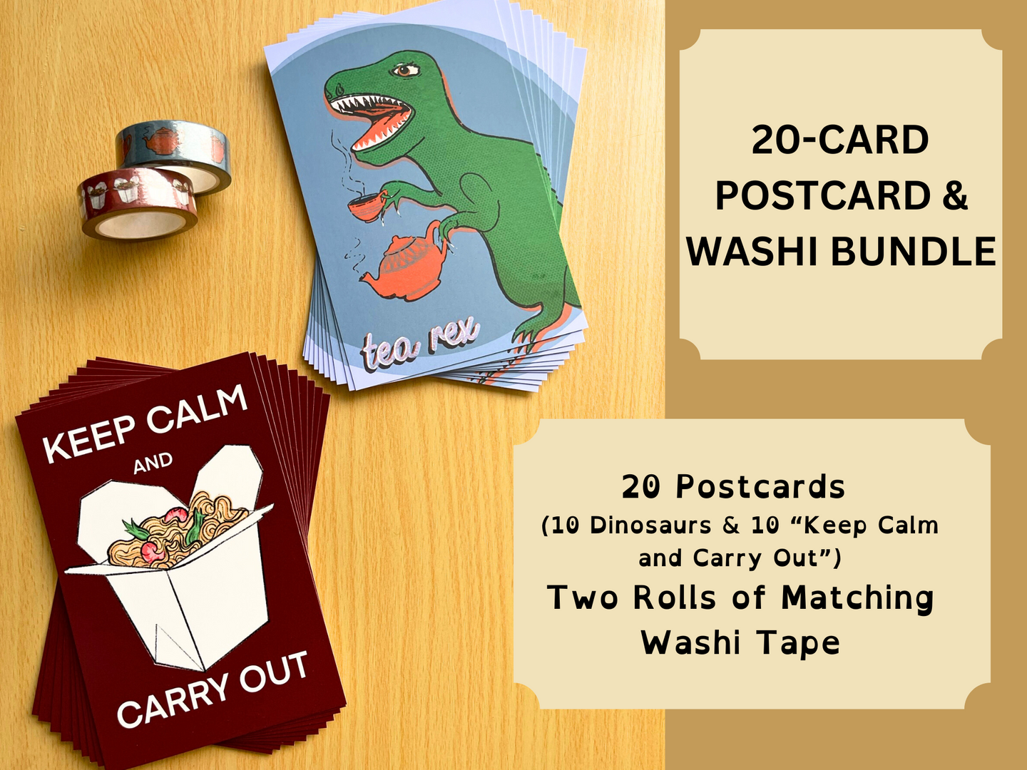 Postcard and Washi Bundle - Tea Rex and Keep Calm and Carry Out