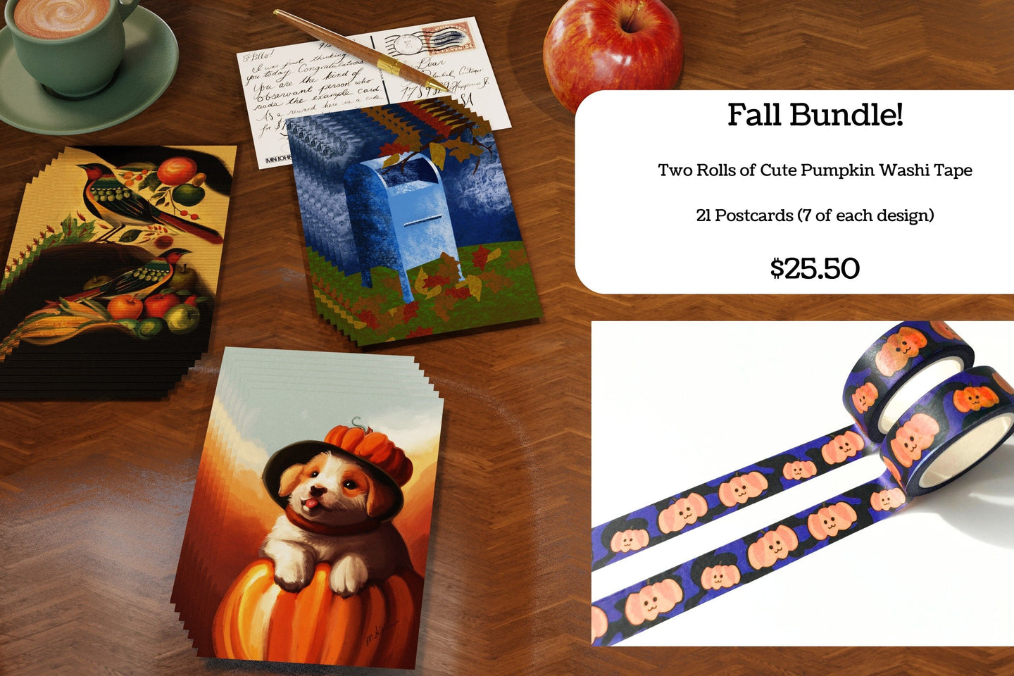 Fall Bundle: 21 Autumn Postcards and Two Rolls of Washi Tape